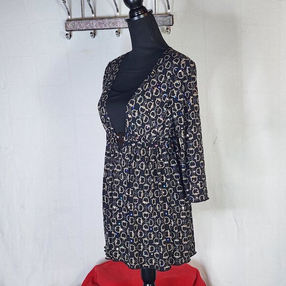 Dressbarn Black Gold Sequins Tortoise Circle Design Layer Look Poly Span Tunic S - Picture 8 of 16